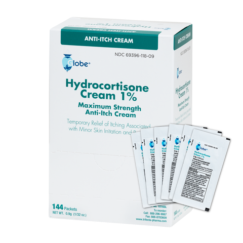 Globe Hydrocortisone 1% Maximum Strength Cream, (0.9g Packet) Anti-Itch Cream for Redness, Swelling, Itching, Rash & Dermatitis, Bug/Mosquito Bites, Eczema, Hemorrhoids & More (144 Packets/Box)