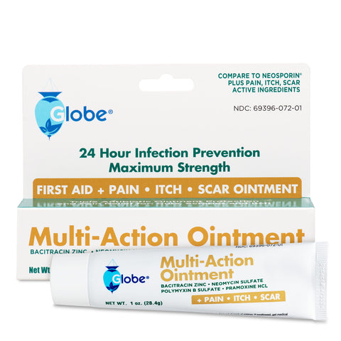 Globe Multi-Action Ointment 1 oz | Antibiotic Pain-Relieving, Anti-Itch, Scar Minimizer | First Aid Ointment w/Neomycin, Bacitracin, Pramoxine HCl & Polymyxin B| Treats Minor Cuts, Scrapes, Burns